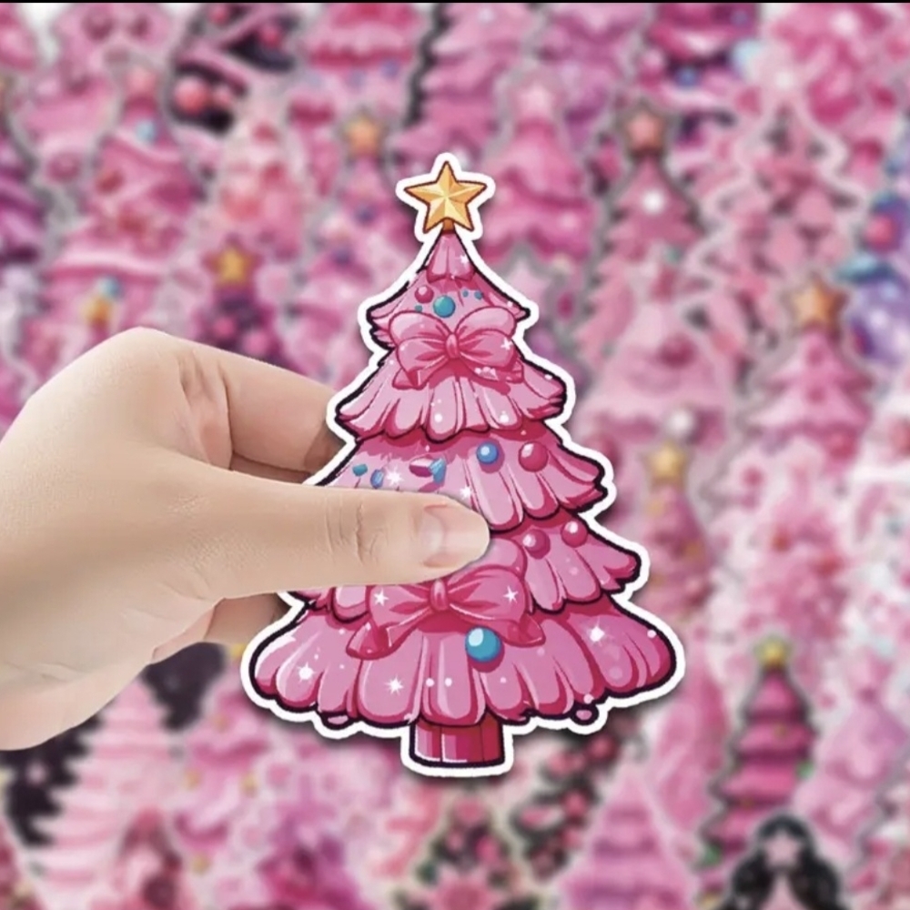 Festive Pink Christmas Tree Sticker Collection 50 Count - Picture 3 of 6